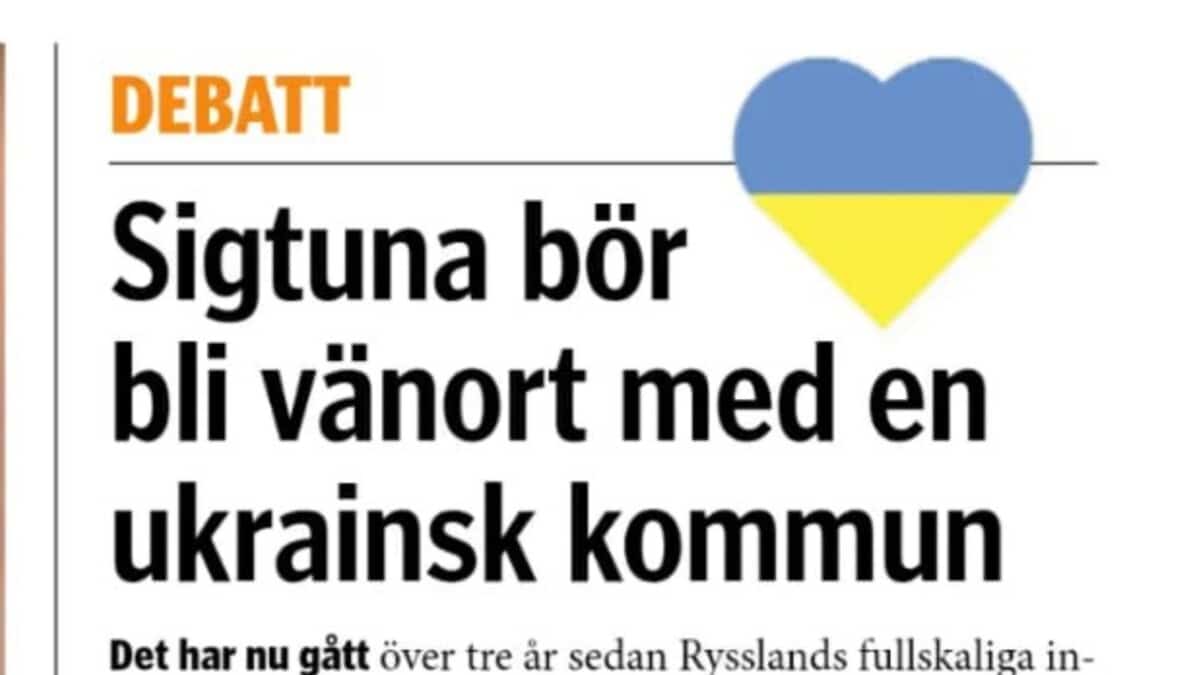 Skärmdump av Liberalernas debattartikel i Mitt i Sigtuna om vänort med ukrainsk kommun.