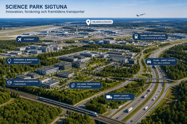 Science Park i Sigtuna nära Arlanda med fokus på innovation, forskning och framtidens transporter