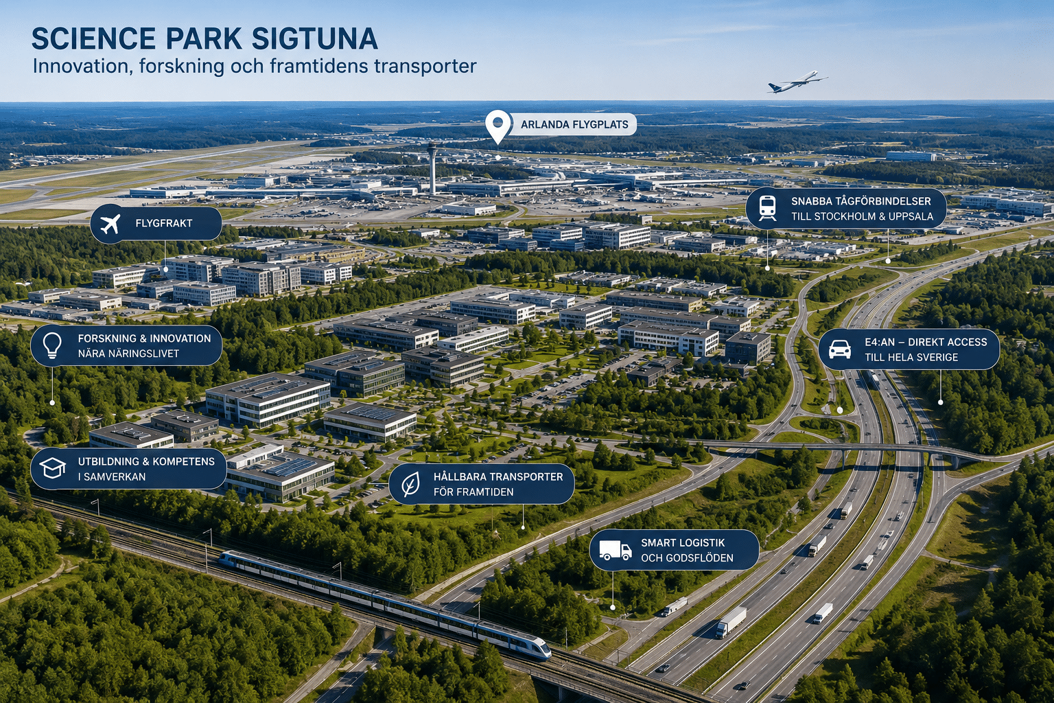 Science Park i Sigtuna nära Arlanda med fokus på innovation, forskning och framtidens transporter